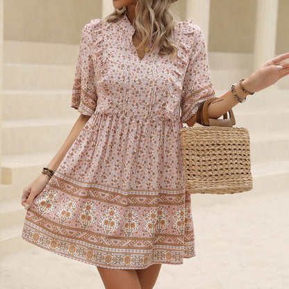 Summer Elegance Stand Collar Holiday Floral Print Dress