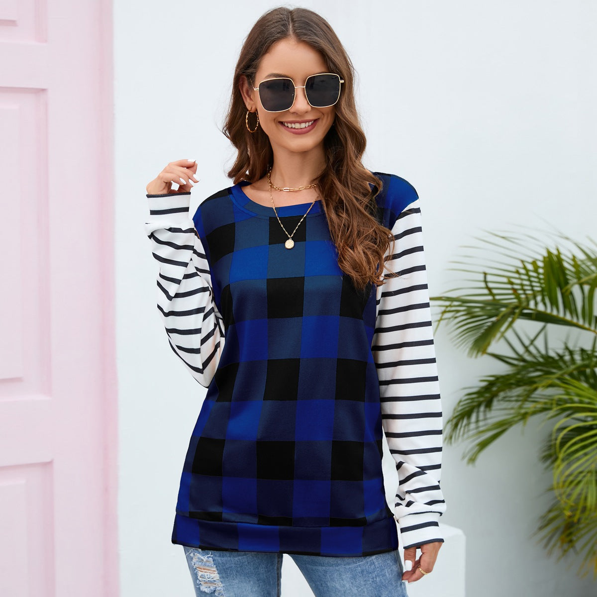 Plaid Long-Sleeved Sweater round Neck Striped Sweater Plush