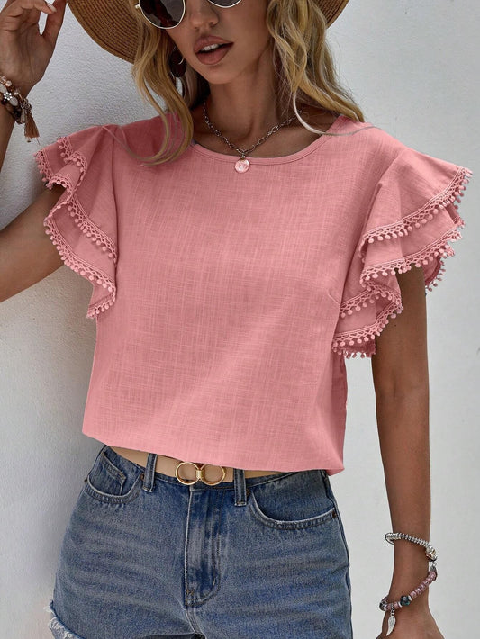 Women Casual round Neck Summer Loose Shirt Lotus Leaf Batwing Shirt Short Sleeve Top for Women