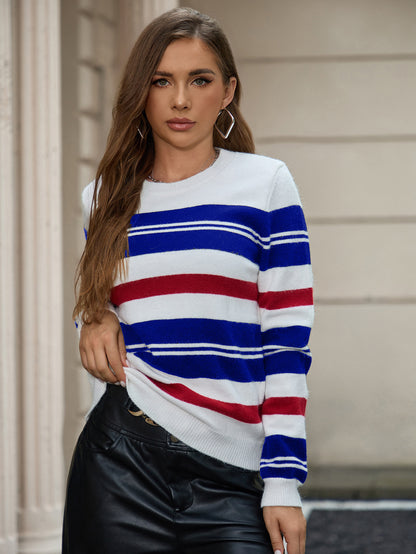 Women Clothing Sweater Classic Striped Pullover Round Neck Knitted Bottoming Casual All Matching Tops