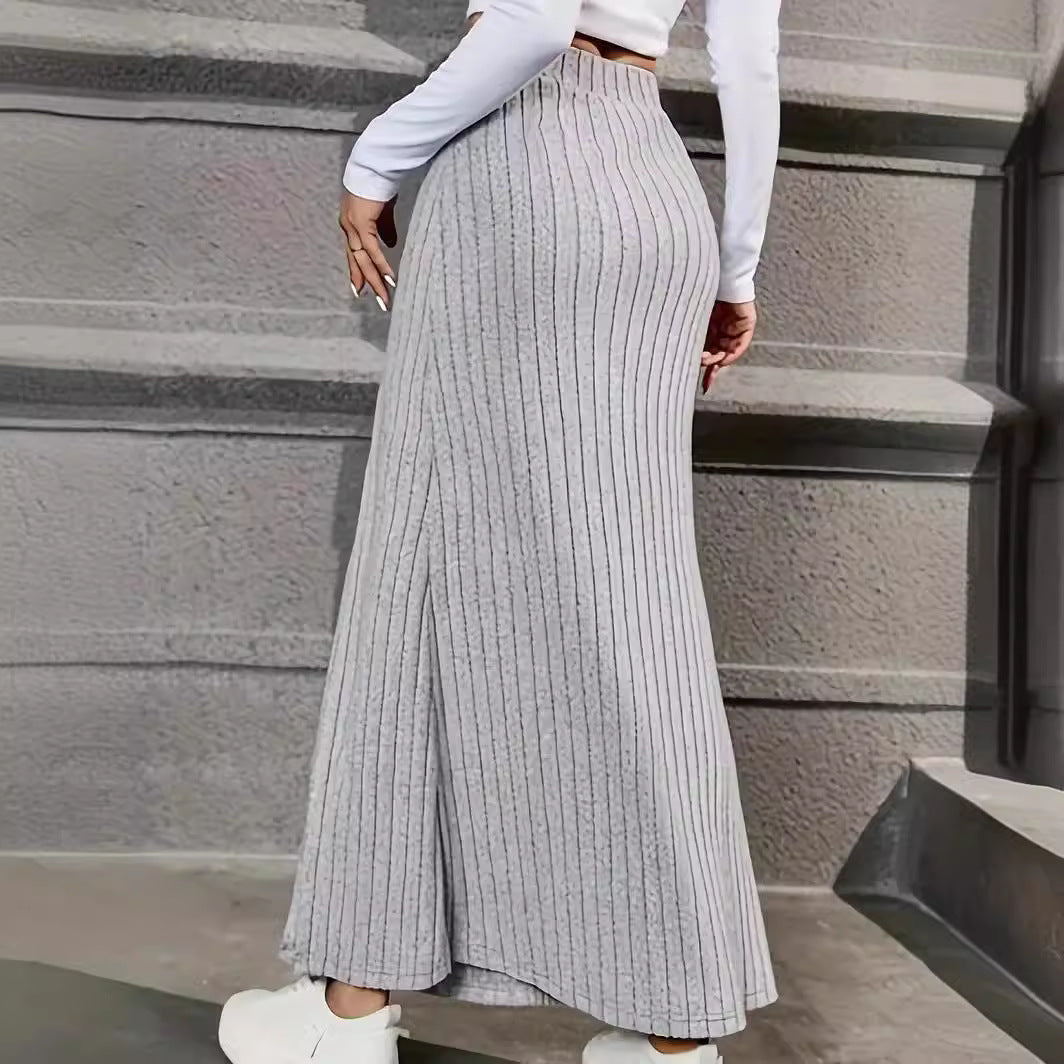 Women Clothing Knitted Dress Sunken Stripe Slit Fastener Decoration Sheath Skirt for Women