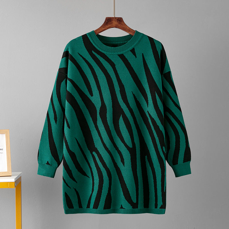 Autumn Winter Zebra Print Knitted Pullover Sweater Round Neck Sweater