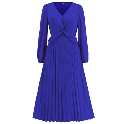 Women Clothing Long Sleeve V Neck Slim Fit Pleated Dress Solid Color Lantern Sleeve Maxi Dress Popular