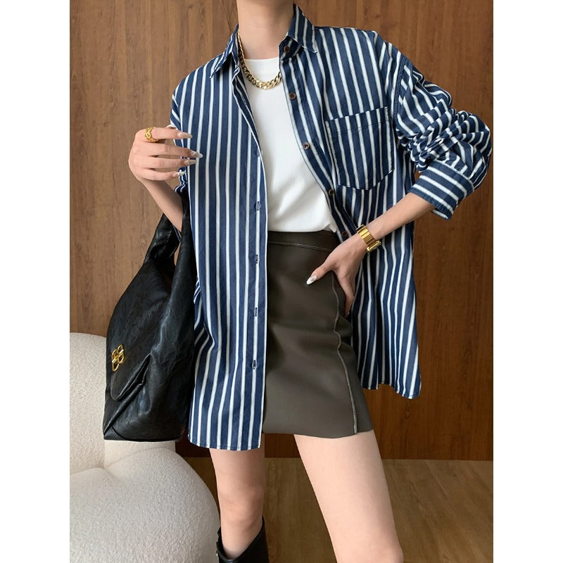 French Retro Contrast Color Vertical Stripes Loose Long Sleeve Shirt Bandage Dress Early Autumn