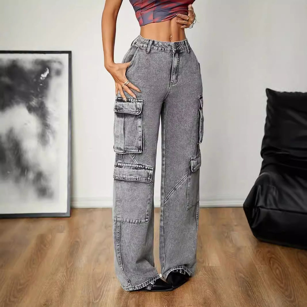 Distressed Stitching Multi Pocket Cargo Pants High Waist Smoky Gray Loose Casual Jeans Street