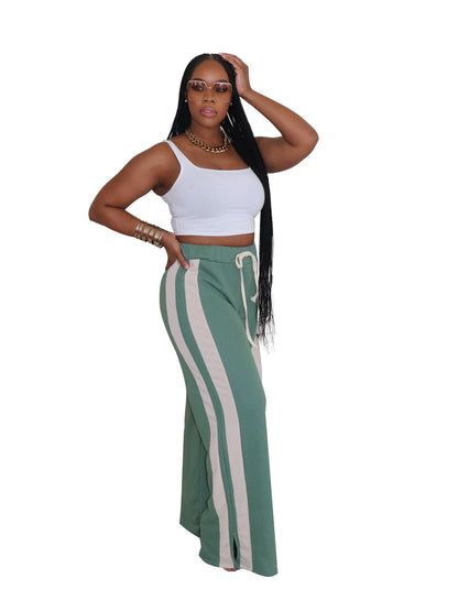 Women Clothing Loose Double Striped Contrast Color Casual Home Vacation Trousers Wide Leg Pants