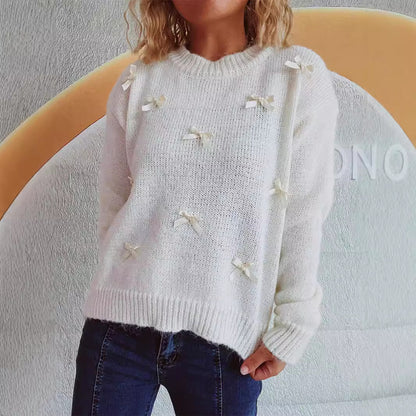 Autumn Winter Loose Bow Design Knitwear Top Women Sweet Sweater Pullover