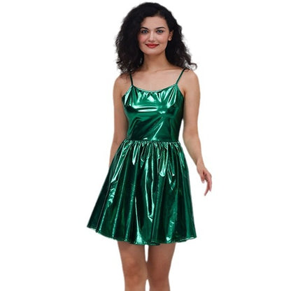 Sequin Sling Dress Bronzing Patent Leather Solid Color Sexy Pleated Dress Costumes Women