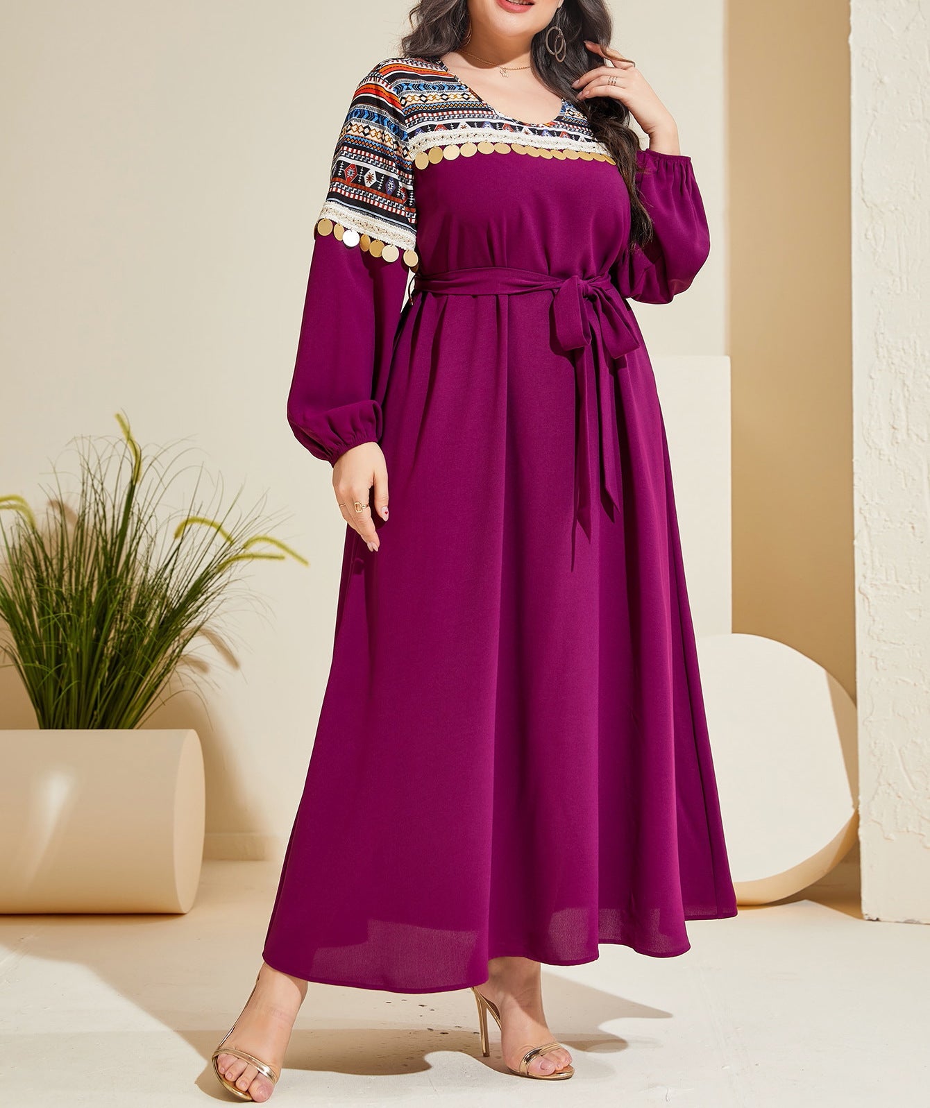 Plus Size Spring Autumn Retro Elegant Sequ Age Reducing Lace up Waist Controlled Maxi Dress