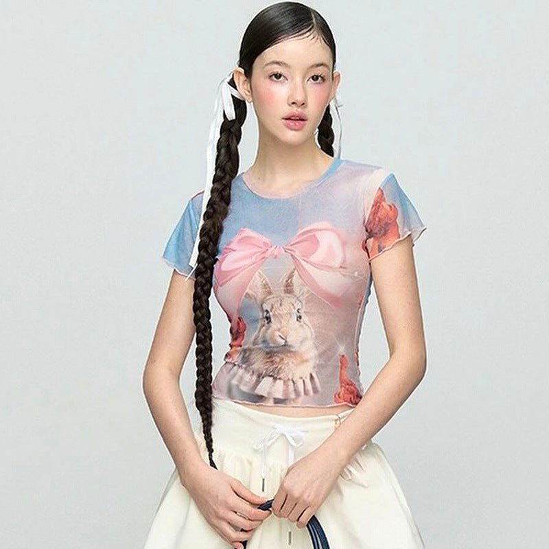 Sexy Sweet Spicy Bow Rabbit Print round Neck Western Contrast Color Shoulder T shirt