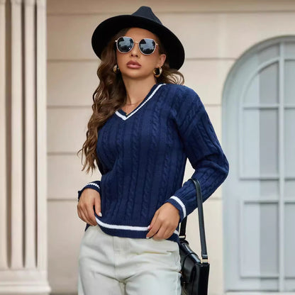 Spring Autumn Elegant V Neck Pullover White Edge Long Sleeve Sweater Women Twist Thread Knitted Top