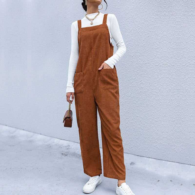 Autumn Women Brown Loose Corduroy Suspender Pants