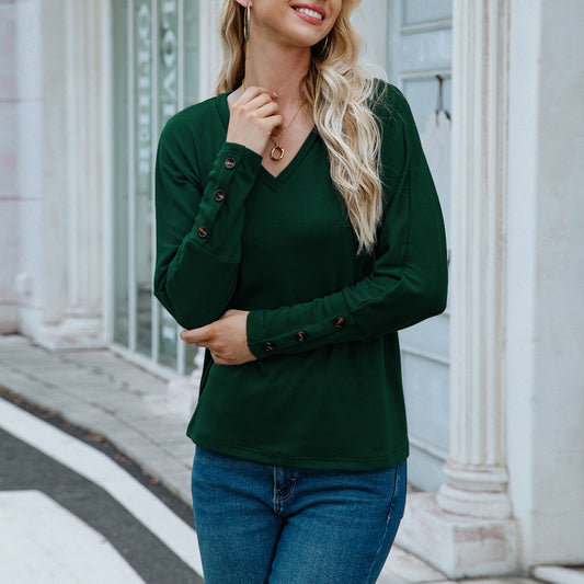 Women Clothing V neck Long Sleeved T shirt Solid Color Buttons Top