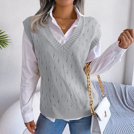 Autumn Winter Casual Hollow Out Cutout out V neck Knitted Vest Sweater Women Clothing