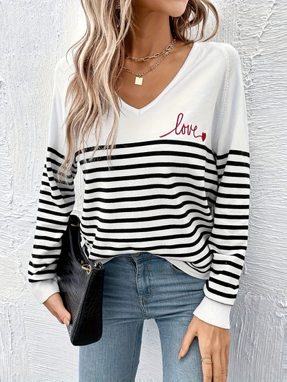 Autumn Winter Casual Slimming Stripes V neck Sweater Pullover