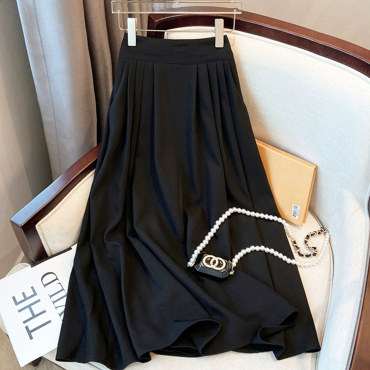 Women Skirt Autumn High Waist Slimming A Line Skirt Mid Length Pleated Umbrella Skirt