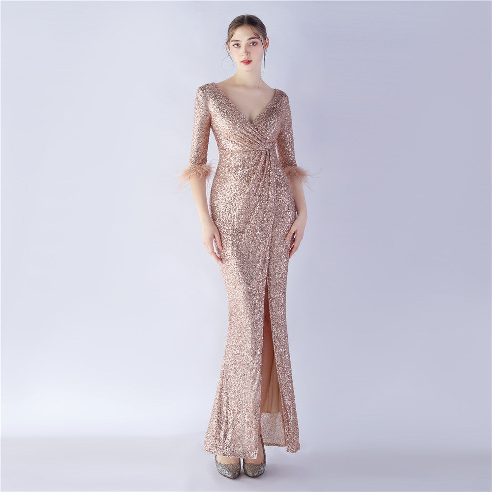 Craft Ostrich Feather Sequined Long Sleeve Evening Dress