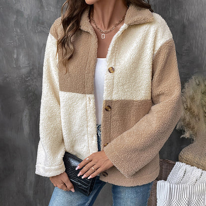 Women Clothing Autumn Winter Assorted Colors Retro Fleece Lined Collared Lambswool Thickened Coat