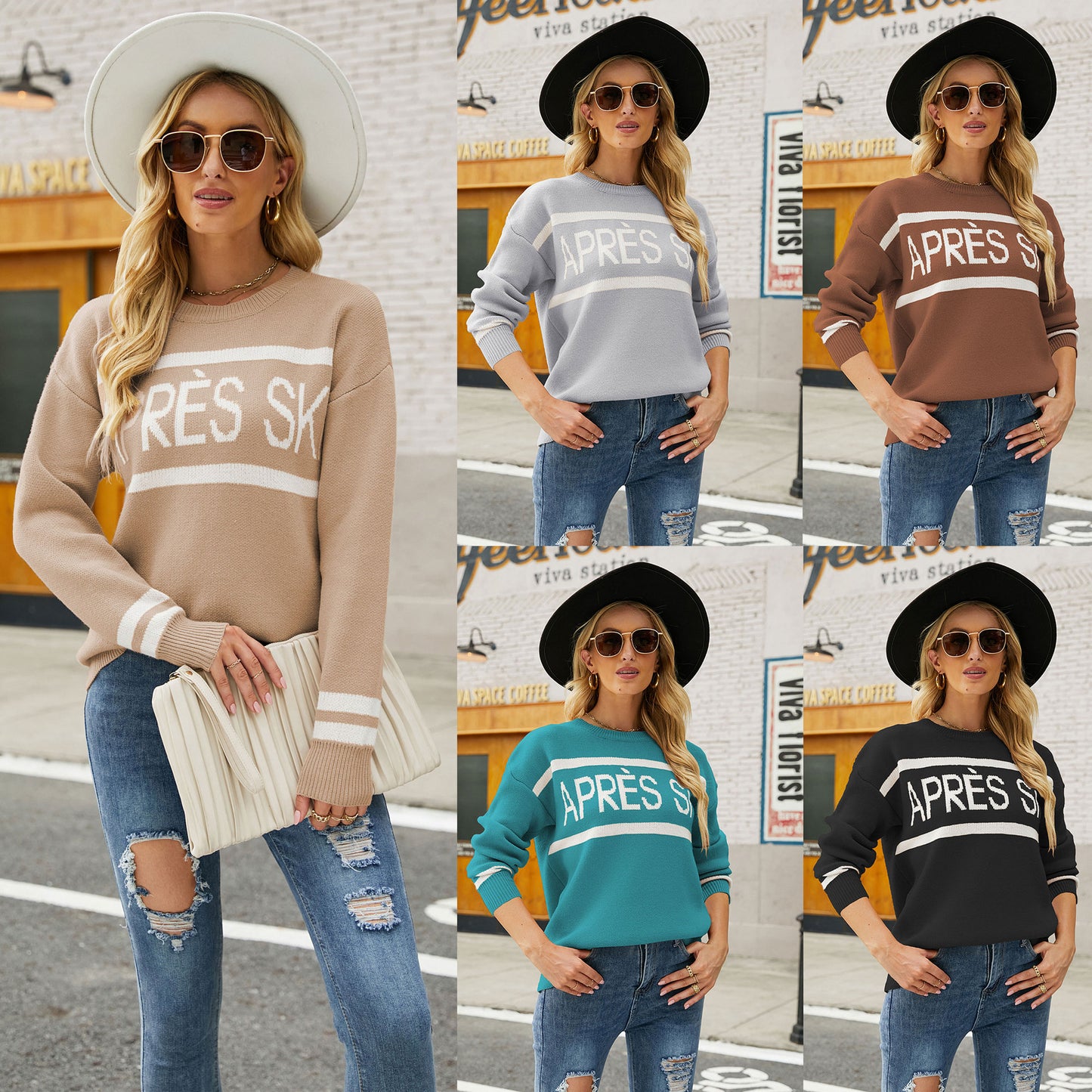 Autumn Winter Women Clothing Sweater Letter Graphic Print Loose Crew Neck Pullover Long Sleeve Sweater