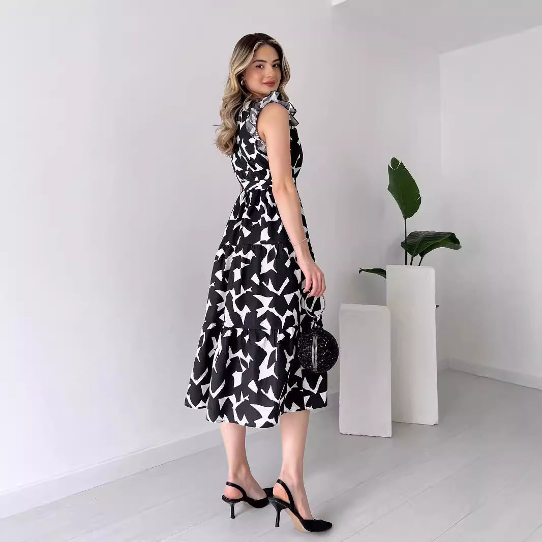 Elegant Dress V neck Slimming Waist Trimming Lace up Black White Printed Midi Dress