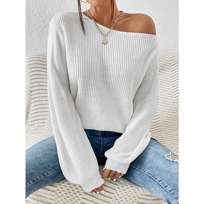 Diagonal Collar Strapless Sexy Sweater Autumn Winter Solid Color Loose Lazy Women Sweater