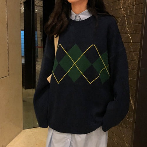 Autumn Winter Korean Rhombus Internet Celebrity Pullover Knitted Sweater Women