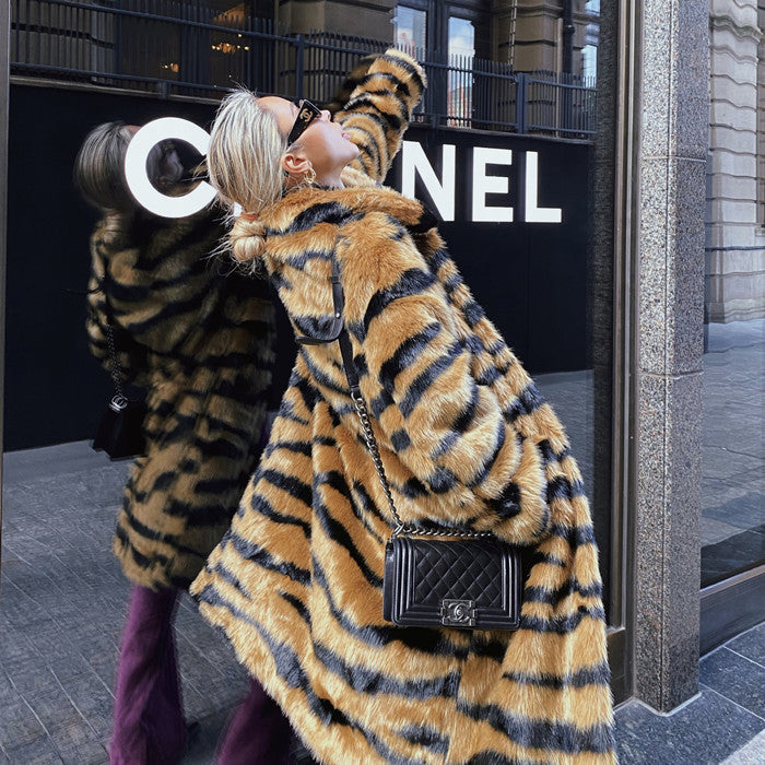 Faux Fur Coat Imitation Tiger Pattern Fur Lengthened Artificial Fur Faux Fur Coat Fur Loose Overcoat Coat