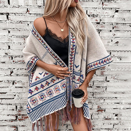 Knitted Tassel Shawl for Women Autumn Winter Casual Loose Jacquard Cape Cloak Coat