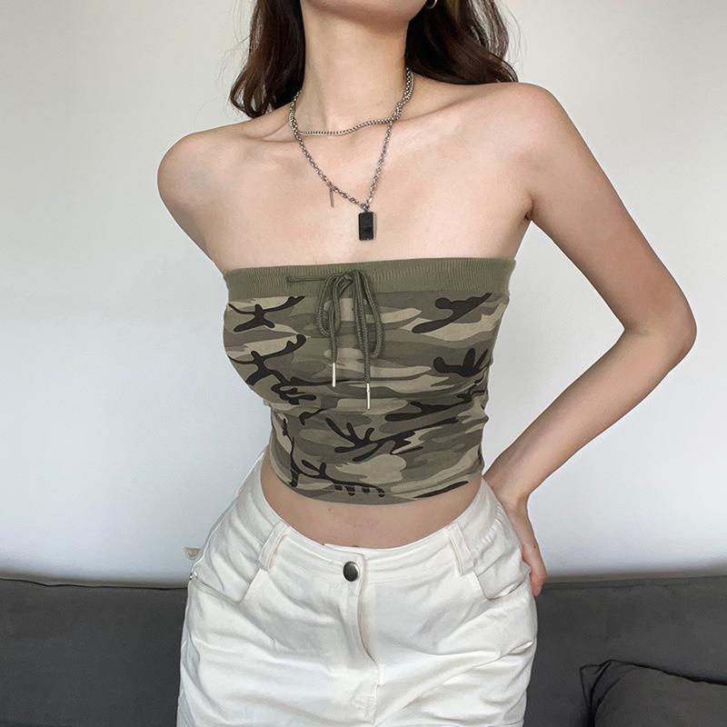 Summer Women Clothing Sexy Sexy Camouflage Lace Up Tube Top Vest Slimming All Match Tank Top