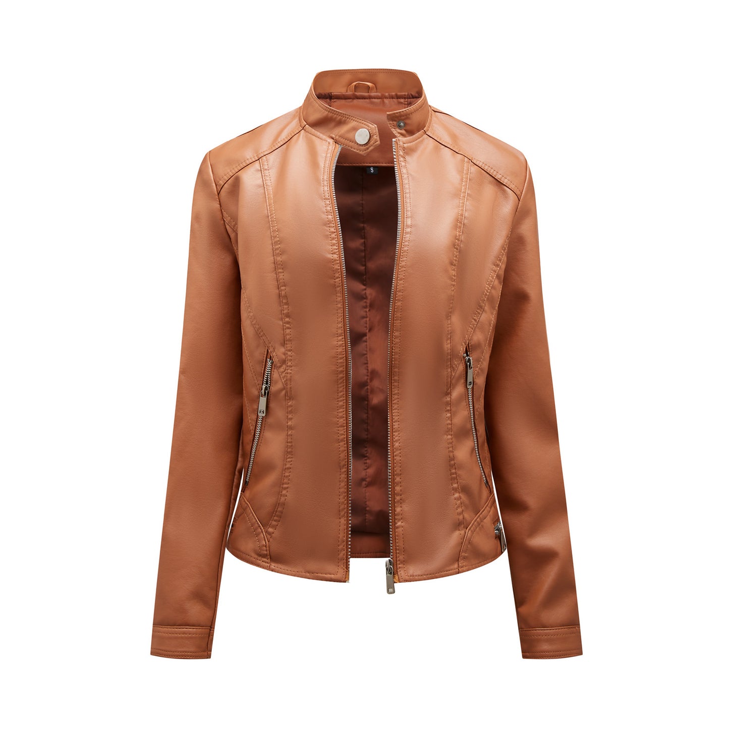 Simple Casual Leather Clothing Women Stand Collar Zipper Slim Fit Motorcycle Clothing Short Coat Women