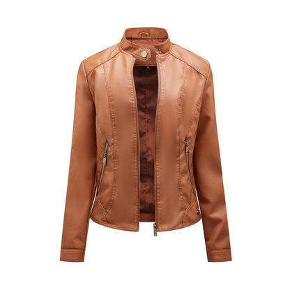 Simple Casual Leather Clothing Women Stand Collar Zipper Slim Fit Motorcycle Clothing Short Coat Women