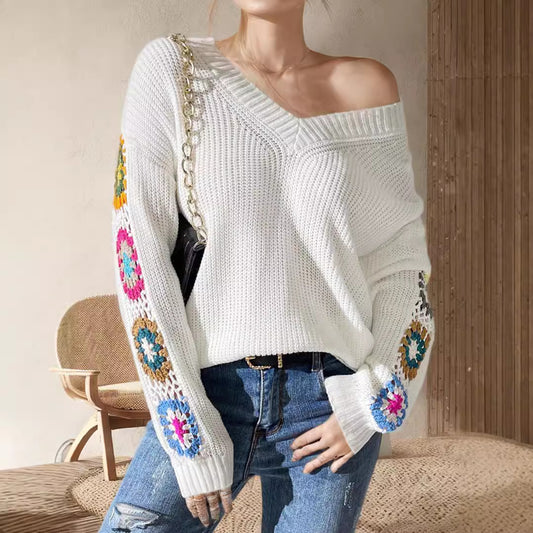 Autumn Winter Women Deep V Plunge neck off Shoulder Knitted Arm Crochet Embroidered Pullover Sweater