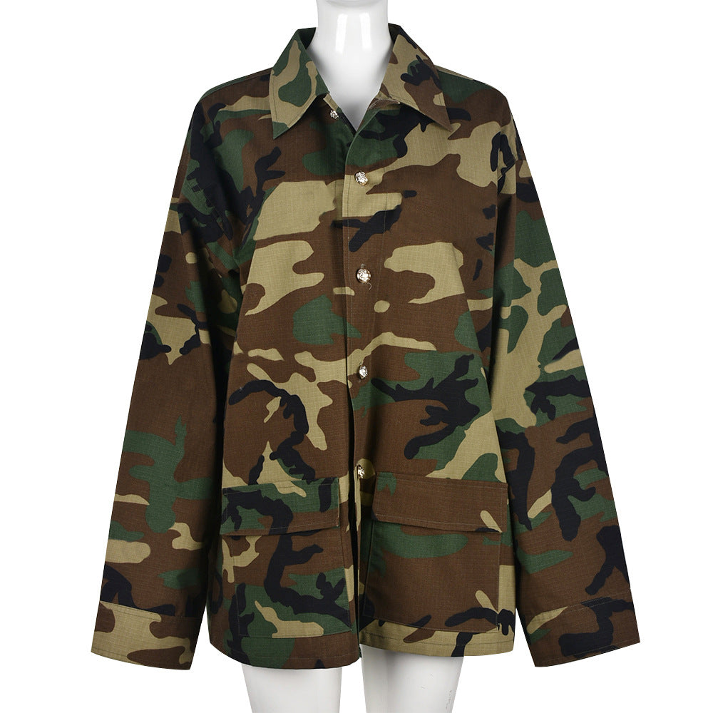 Women Clothing Camouflage Paint Pocket Personalized Cardigan Outdoor Long Sleeve Women  Coat