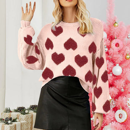 Bubble Sleeve Valentine Day Pink Sweater Loose Sweet Loving Heart Jacquard Pullover Sweater