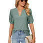 Summer Casual V Neck Solid Color Hollow Out Cutout Puff Sleeve Loose Fitting T Shirt Top Women