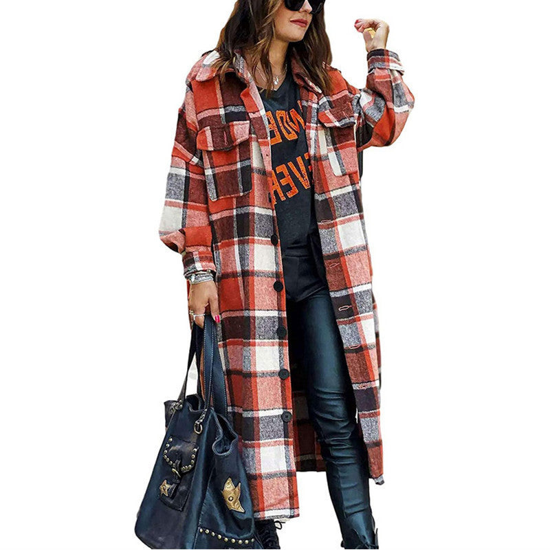 Women Clothing Popular Long Sleeve Loose Plaid Shirt Woolen  Long