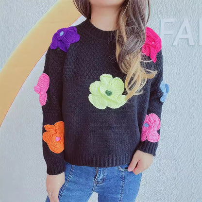 Autumn Winter Cute Sweet Tridimensional Hand Crochet Floral Candy Color Short Sweater Pullover