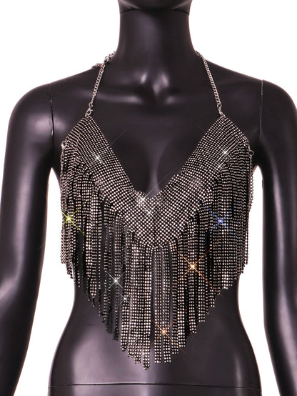 Women Clothing Sexy Full Rhinestone Hanky Hem Tassel Exposed Cropped Deep V Plunge Vest Camisole Cropped Outfit Top