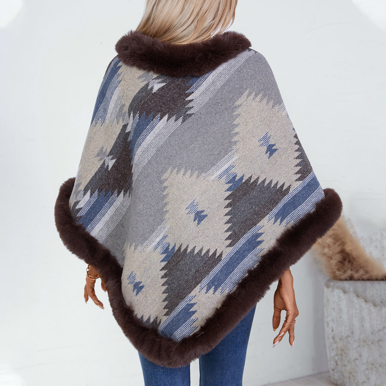 Autumn Winter Pullover Cloak Fur Collar Geometric Abstract Pattern Knitted Inverness Sweater Women