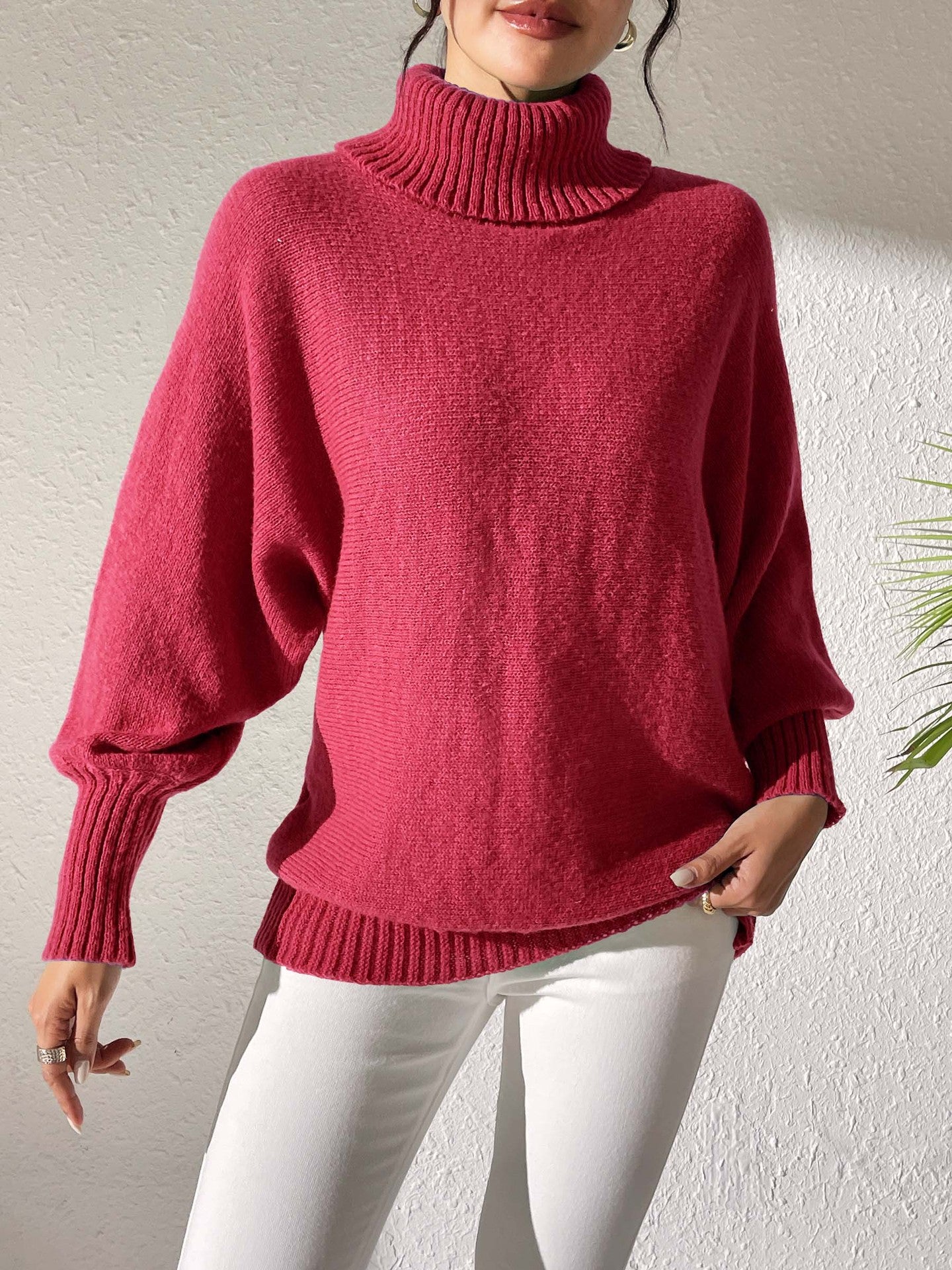 Women Base Shirt Autumn Winter Women Clothing Solid Color Simple Batwing Sleeve Top Turtleneck Collared Sweater