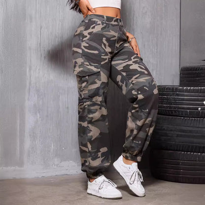 Camouflage Jeans Straight Bottom Elastic Band Retro All Matching Summer