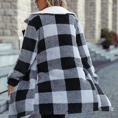 Women Autumn Clothing Collared Long Sleeve Buckle Free Plaid Long Loose Plush Casual Coat