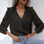 Women Clothing Autumn Puff Sleeve Ladies V neck Long Sleeve Shirt