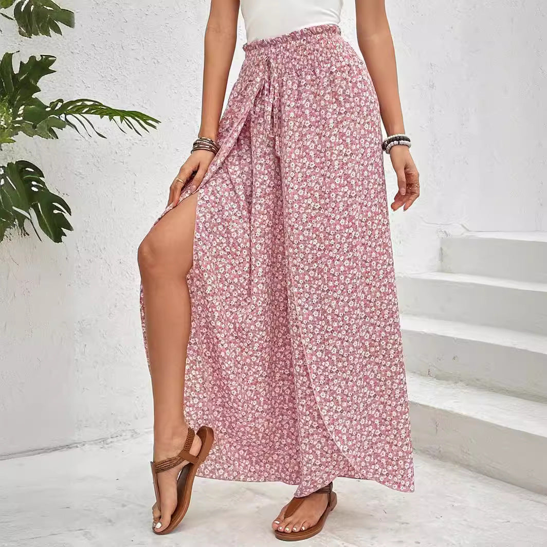 Women Clothing Summer All Match Floral Side Slit Wide Leg Skort