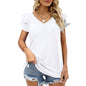 Women Summer Solid Color V-neck Double Layer Ruffle Sleeve Loose Top T-shirt