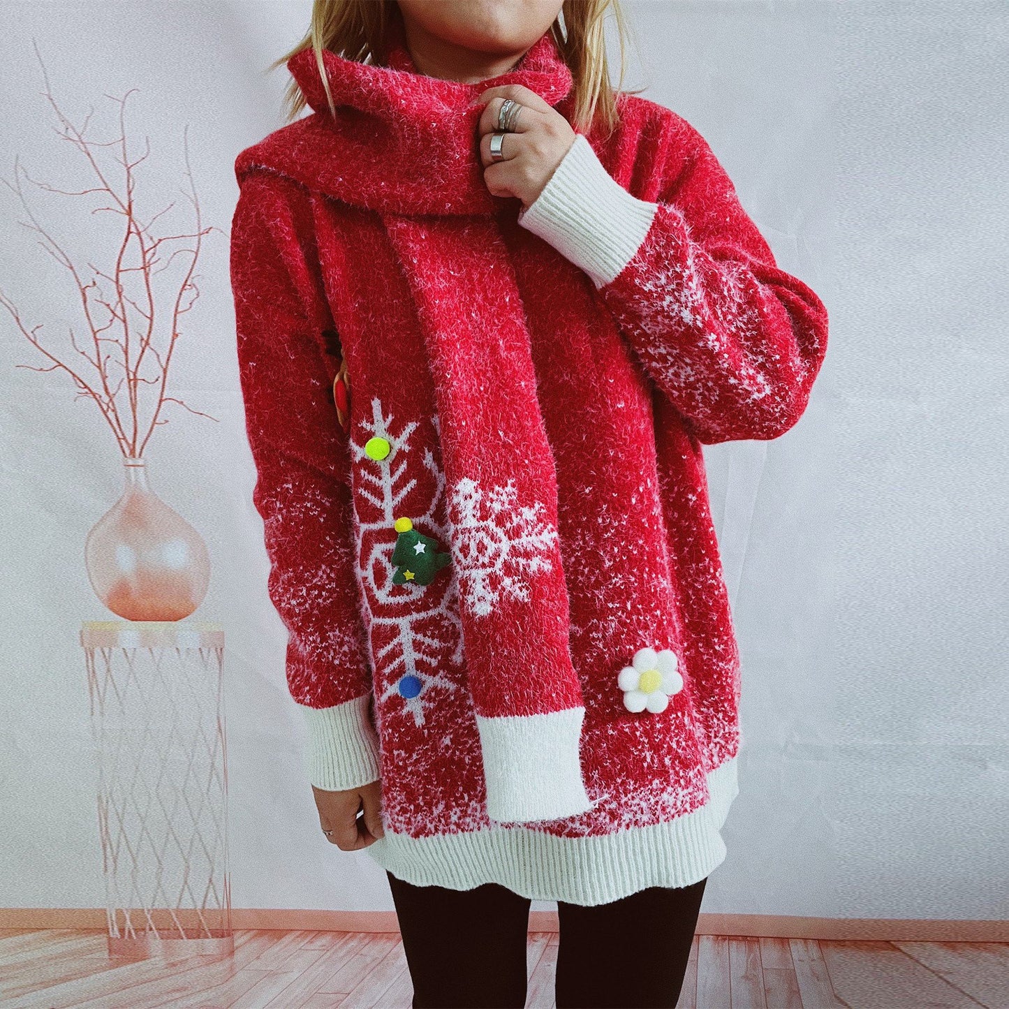 Round Neck Long Sleeve Snowflake Christmas Theme Three Dimensional Decoration Christmas Sweater Scarf Two Piece Set