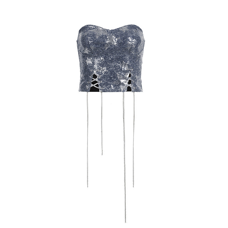 Denim Sequined Star Element Stitching Sexy Small Shawl Tube Top Drawstring Slim Fit Chain Split Inner Vest