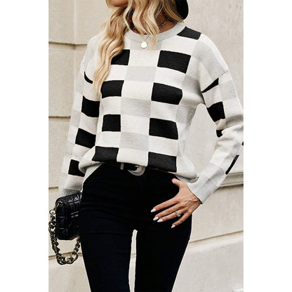 Winter Color Matching Plaid Round Neck Sweater Women Casual All Matching Warm Knitted Long Sleeve Top Women