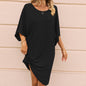 Round Neck Half Sleeve Mid Length Irregular Asymmetric Dress Casual T shirt Loose Dress