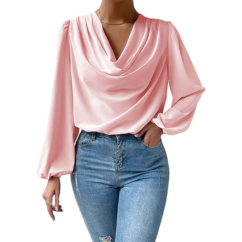 Long Sleeved Shirt Loose Draped V neck Top T shirt Women Clothing